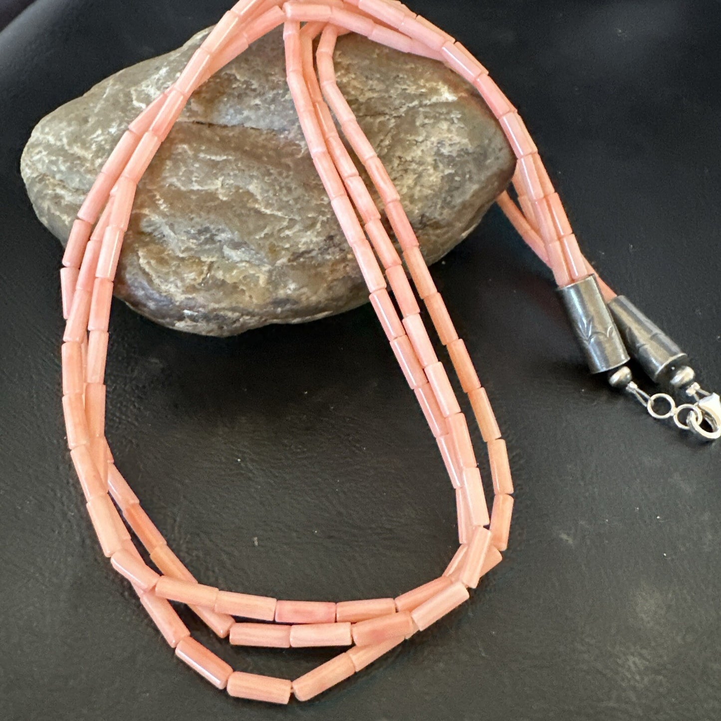 Native American Pink Coral Sterling Silver 3 Strand Necklace 21" 17817
