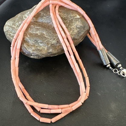 Native American Pink Coral Sterling Silver 3 Strand Necklace 21" 17817