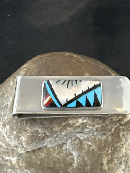A Zuni Mens Turquoise Spiny Inlay Stainless Sterling Silver Money Clip 17834