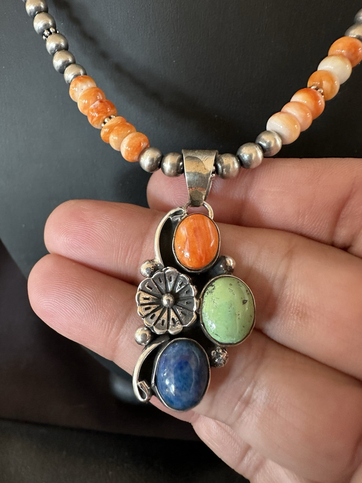 Orange Spiny Oyster Navajo Pearls Sterling Silver Necklace Pendant 19379