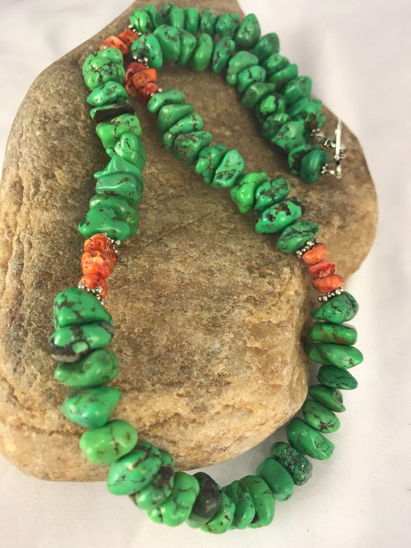 Green Magnesite Spiny Oyster Navajo Necklace 20" | Sterling Silver | Authentic Native American Handmade | 17546