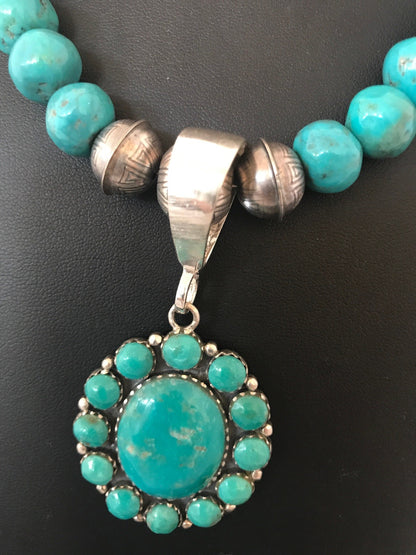 Navajo Pearls Kingman Beads Turquoise Sterling Silver Necklace Pendant 01223