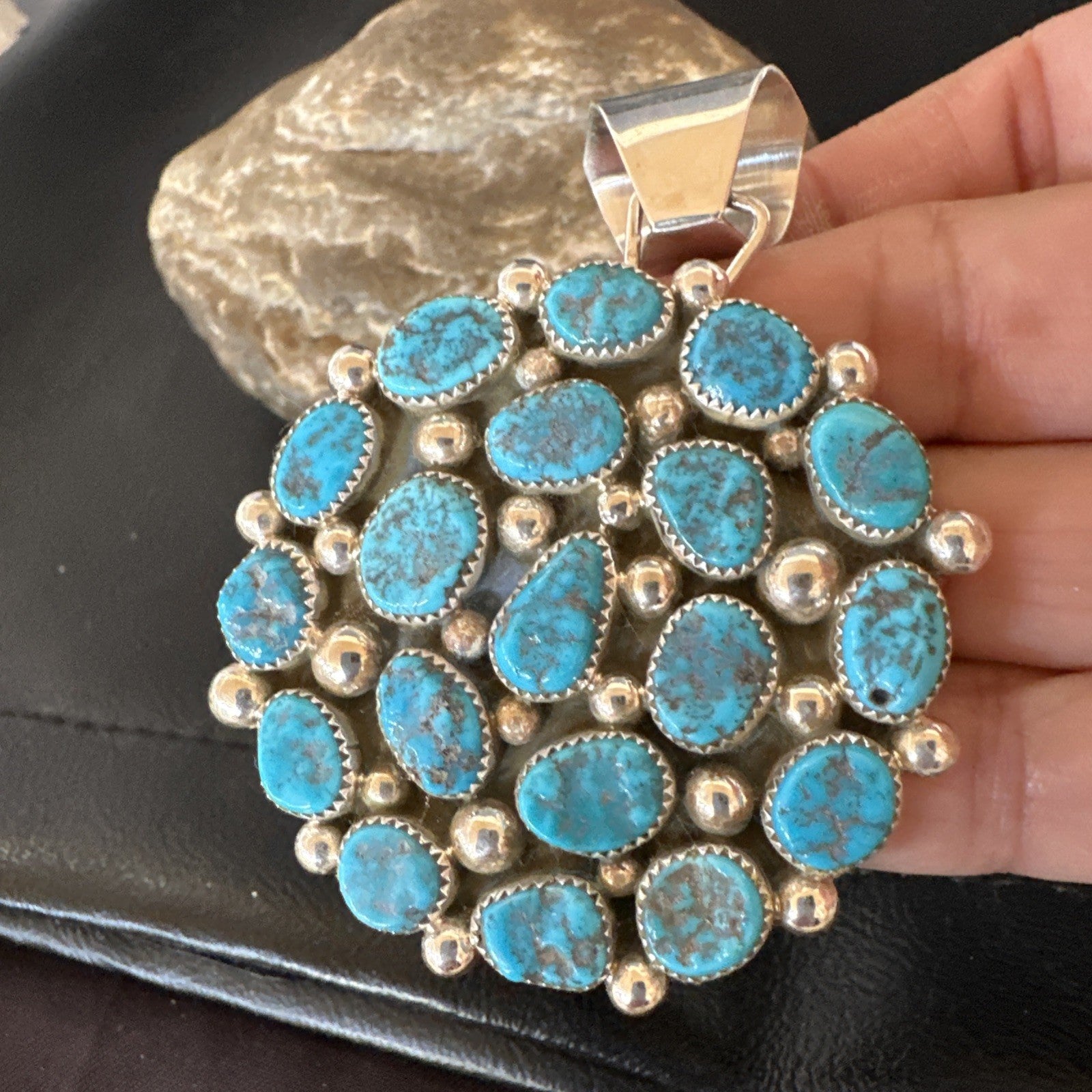 Cluster Kingman Turquoise Navajo Sterling Silver Necklace Pendant 2.75” 19087