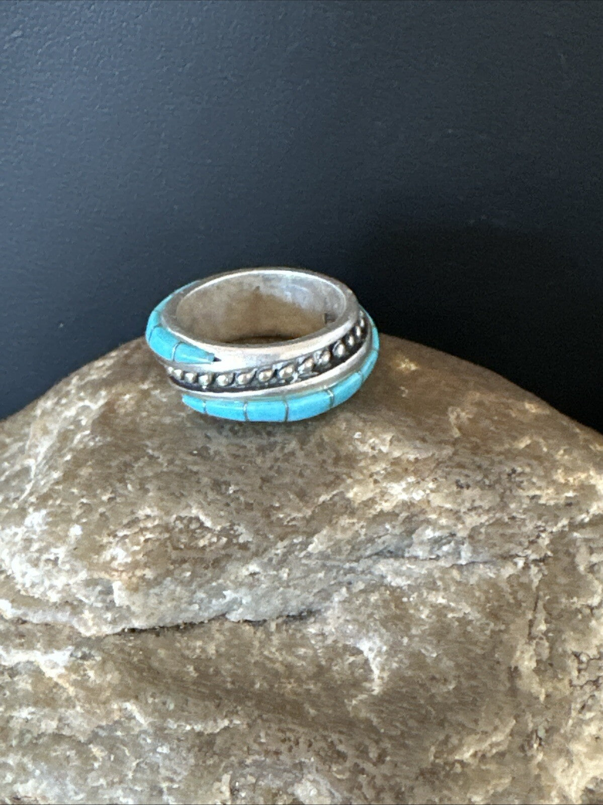 Blue Turquoise Navajo Sterling Silver Inlay Band Ring Size 7 18813