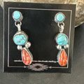 Blue Turquoise Red Spiny MultiColor Navajo Inlay Earrings | Sterling Silver | Authentic Native American Handmade | 18354
