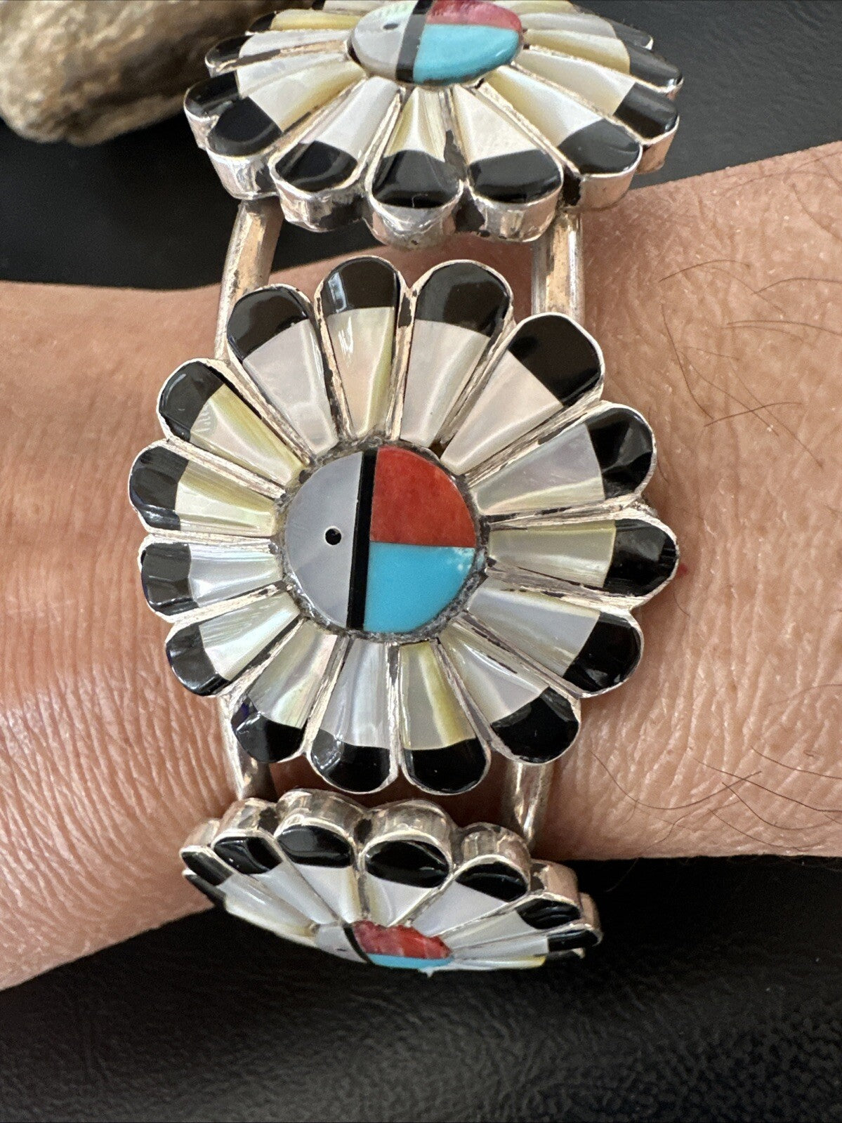 Blue Turquoise Coral MOP Zuni Sterling Silver Inlay Sunface Cuff Bracelet 18872