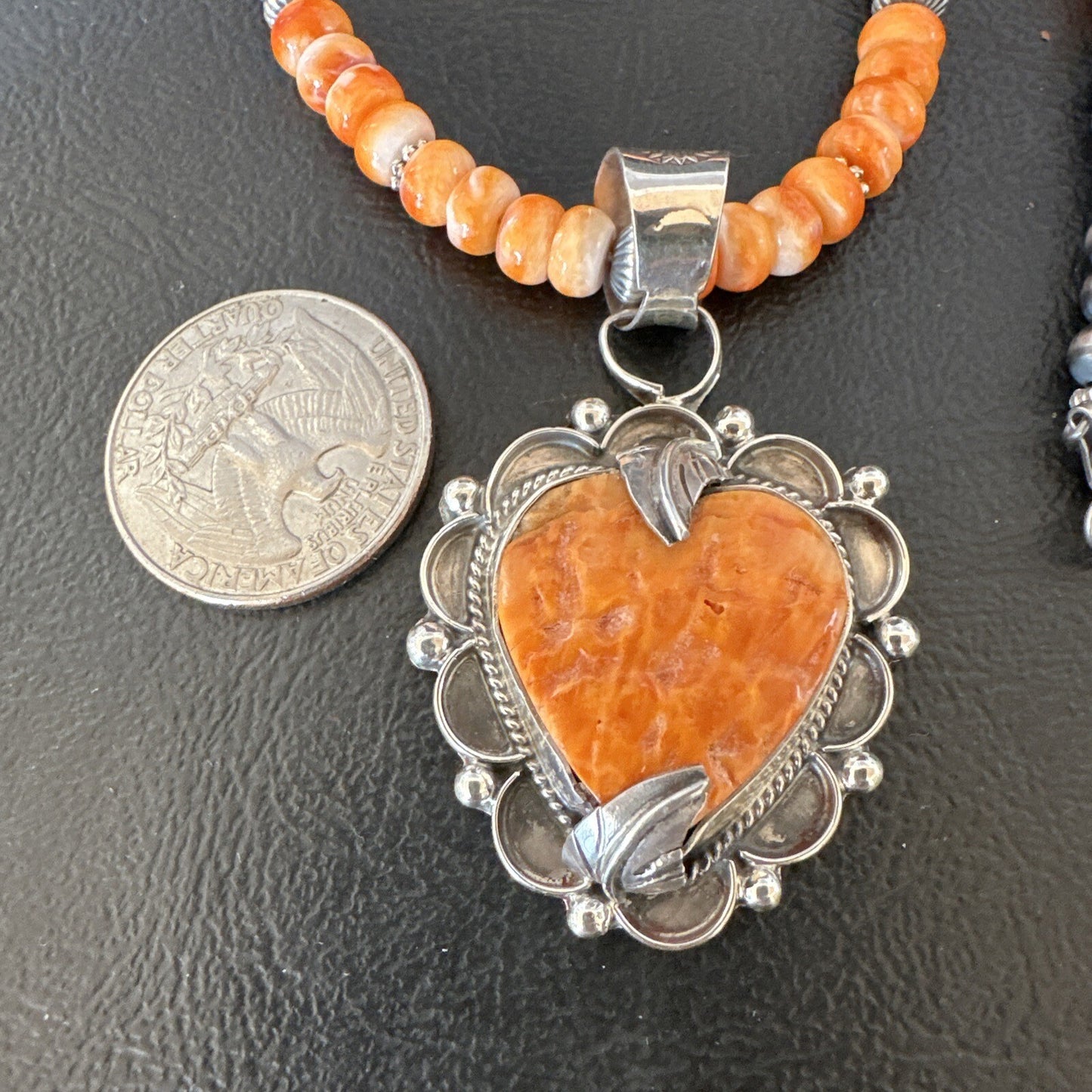 Orange Spiny Oyster Heart Pendant Navajo Sterling Silver Necklace Halloween16293