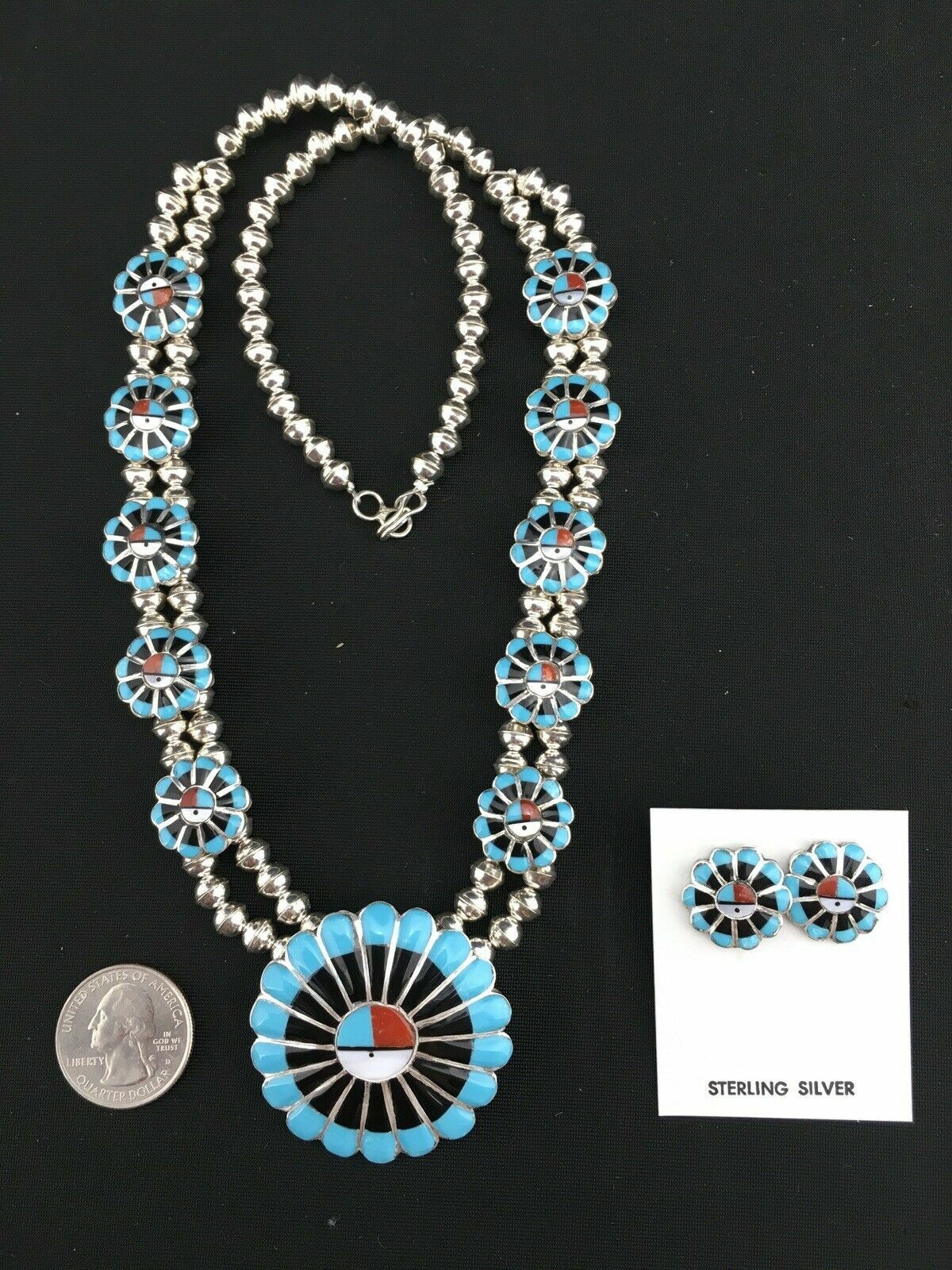 Sun Face Turquoise Inlay Zuni Sterling Silver Squash Necklace & Earrings 01308N