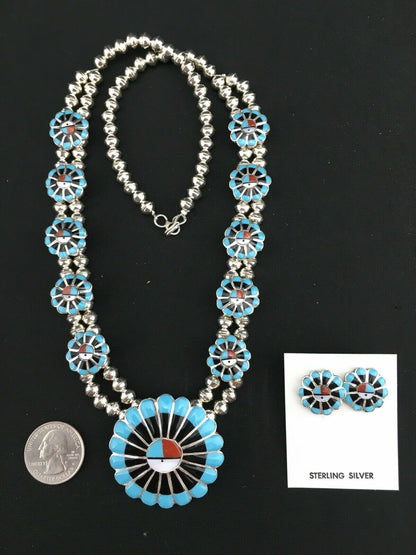 Sun Face Turquoise Inlay Zuni Sterling Silver Squash Necklace & Earrings 01308N