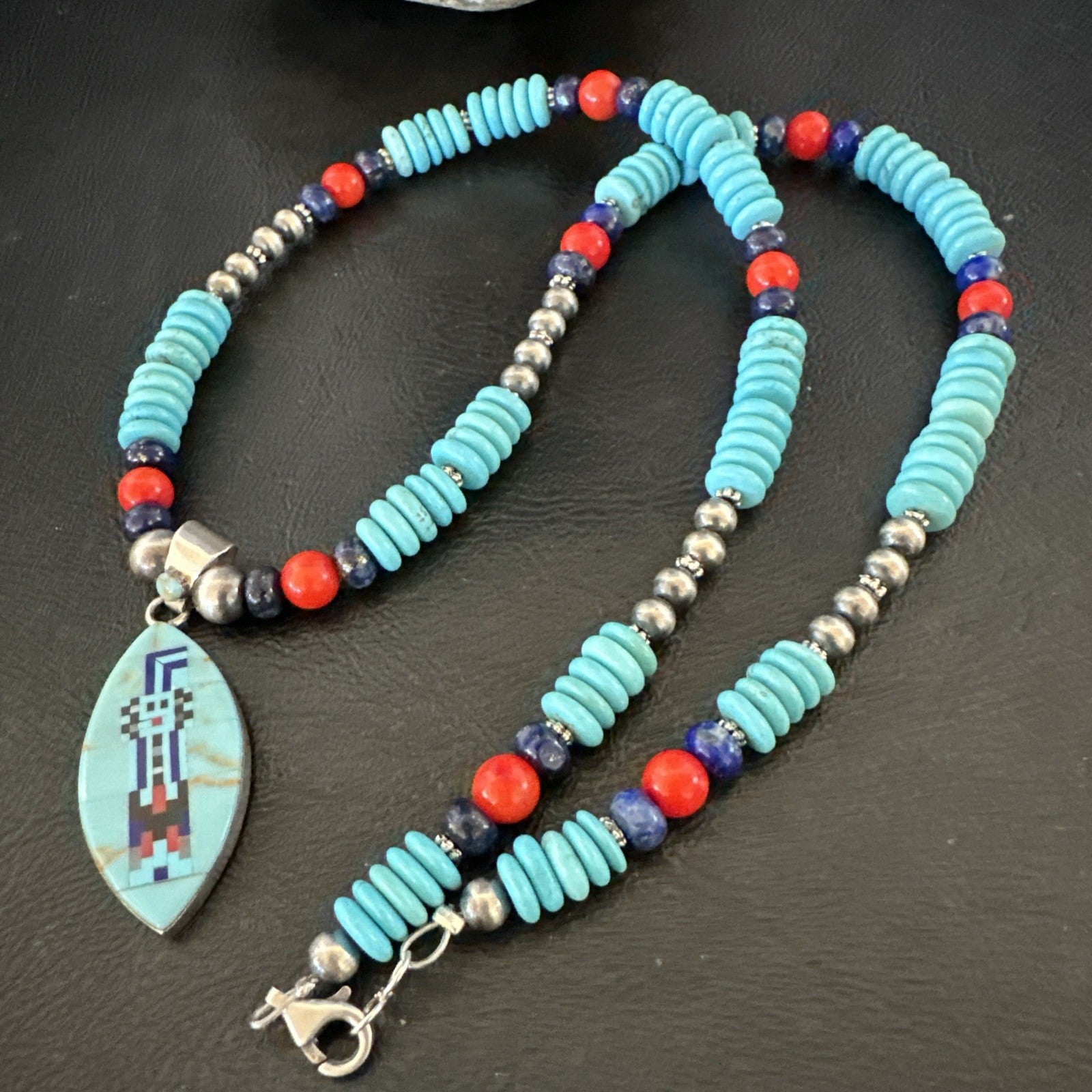 Multicolor Turquoise Coral Navajo Sterling Silver Inlay Pendant Necklace 19645
