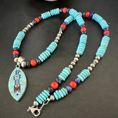 Multicolor Turquoise Coral Navajo Sterling Silver Inlay Pendant Necklace 19645