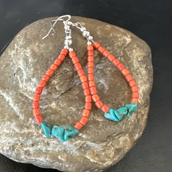 Blue Turquoise Coral Navajo Earrings 2" | Sterling Silver | Authentic Native American Handmade | 18833