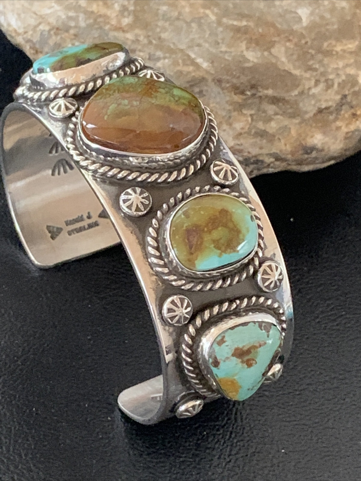 Green Royston Turquoise 5 Stone Navajo Sterling Silver Cuff Bracelet 1380
