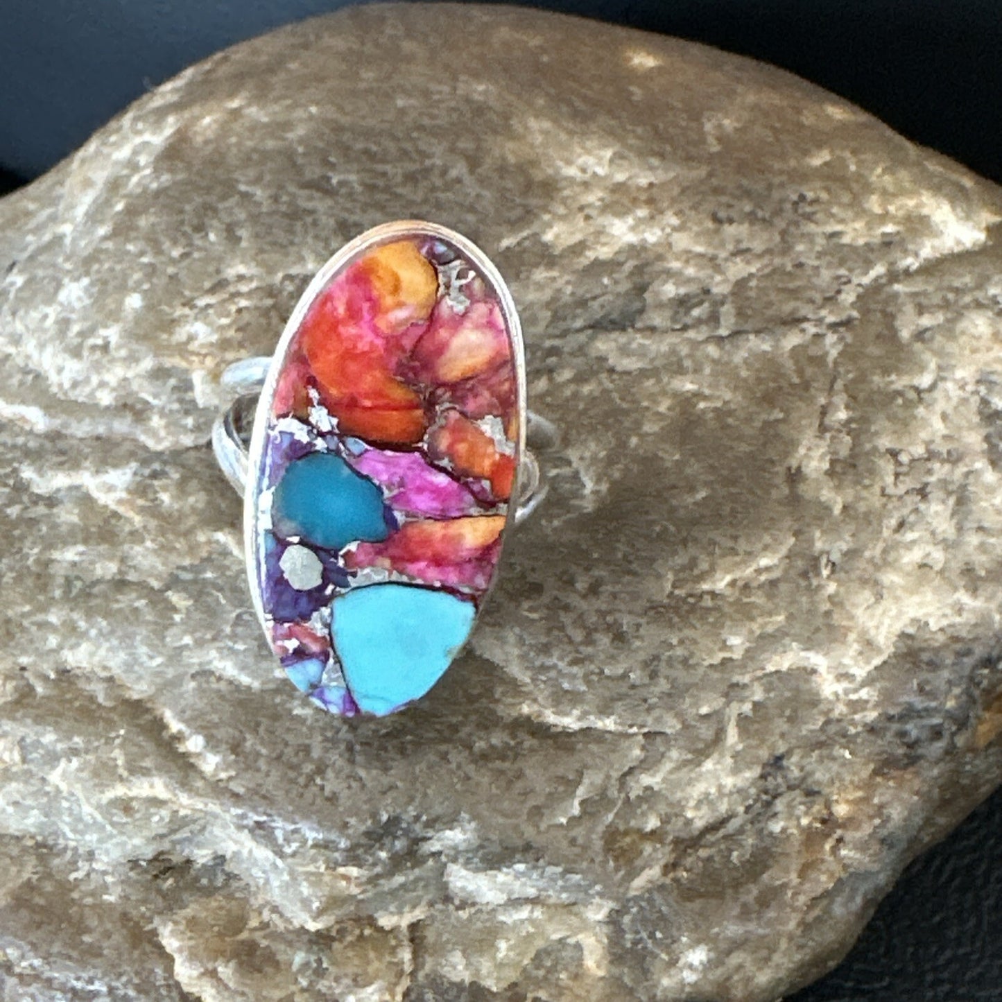 Blue Turquoise Spiny Oyster Navajo Sterling Silver Ring Size 7 18215