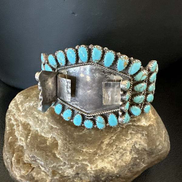 Men Blue Turquoise Navajo Watch Cuff Bracelet | Sterling Silver | Authentic Native American Handmade | 18160