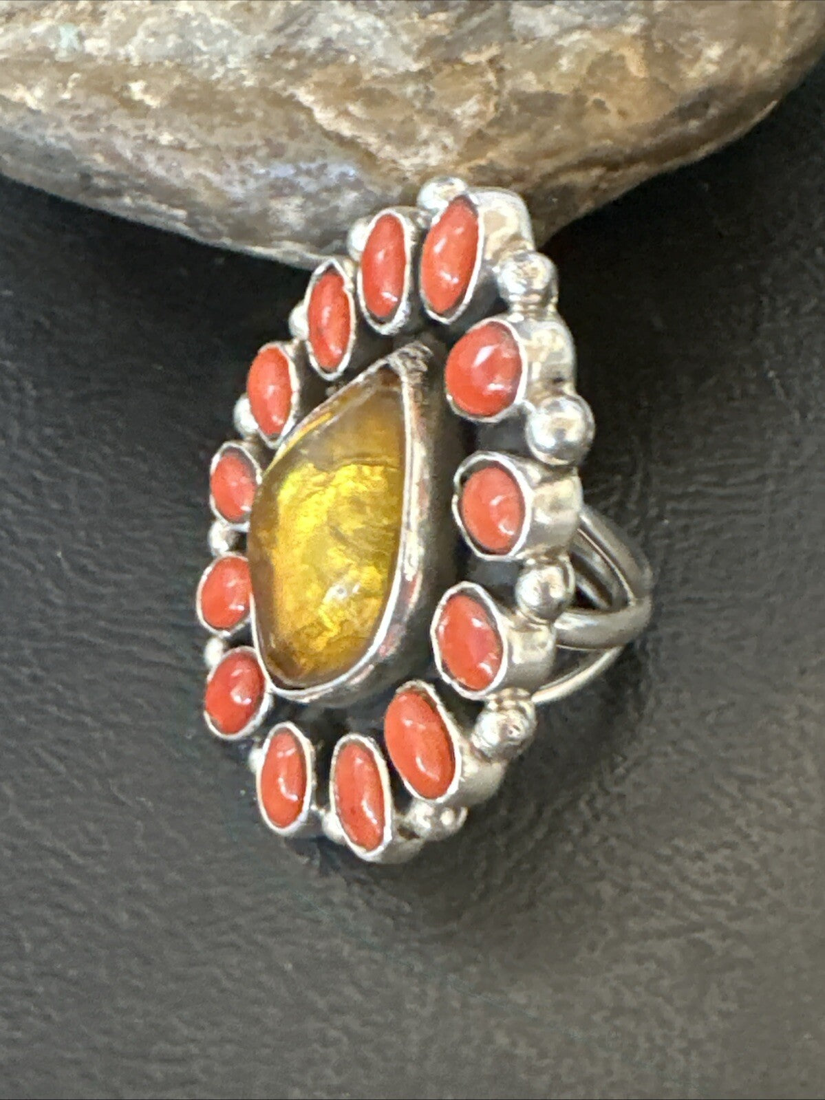 Golden Amber Red Coral Navajo Sterling Silver Cluster Ring Size 6 18563