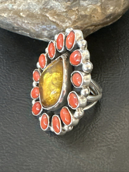 Golden Amber Red Coral Navajo Sterling Silver Cluster Ring Size 6 18563