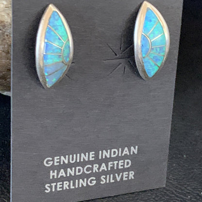 Womens Blue Opal Inlay Navajo Sterling Silver Post Earrings 12779