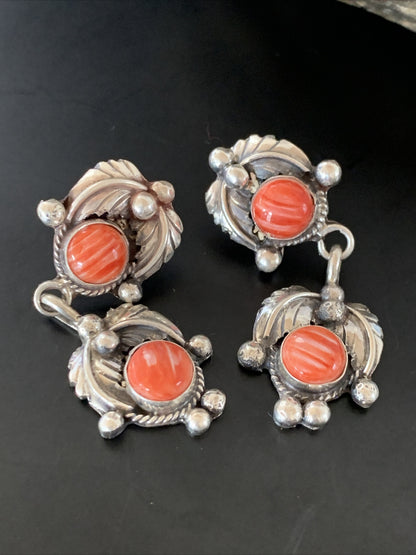 Red Spiny Oyster Southwestrn Navajo Sterling Silver Dangle Earring 02061N