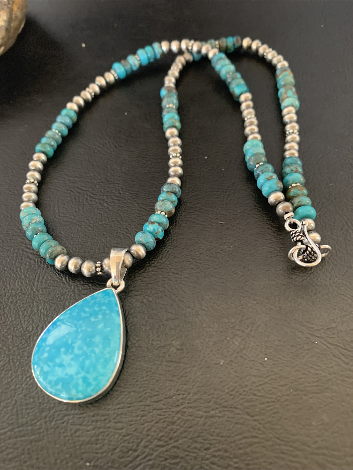 Womens Blue Kingman Turquoise Sterling Silver Beads Necklace Pendant 11692