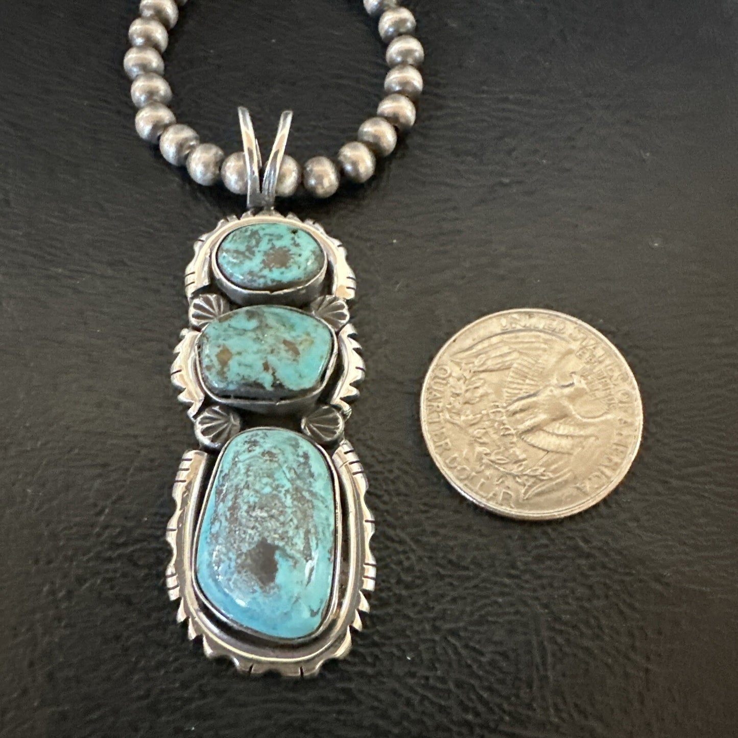 Blue Kingman Turquoise 3 Stone Navajo Sterling Silver Cluster Pendant 17633