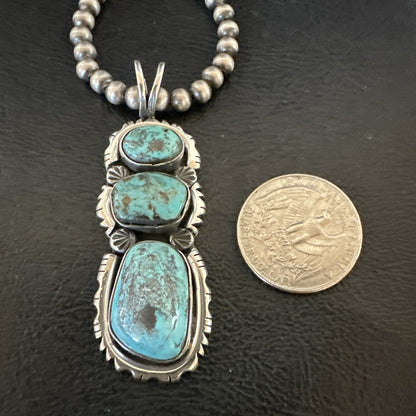 Blue Kingman Turquoise 3 Stone Navajo Sterling Silver Cluster Pendant 17633