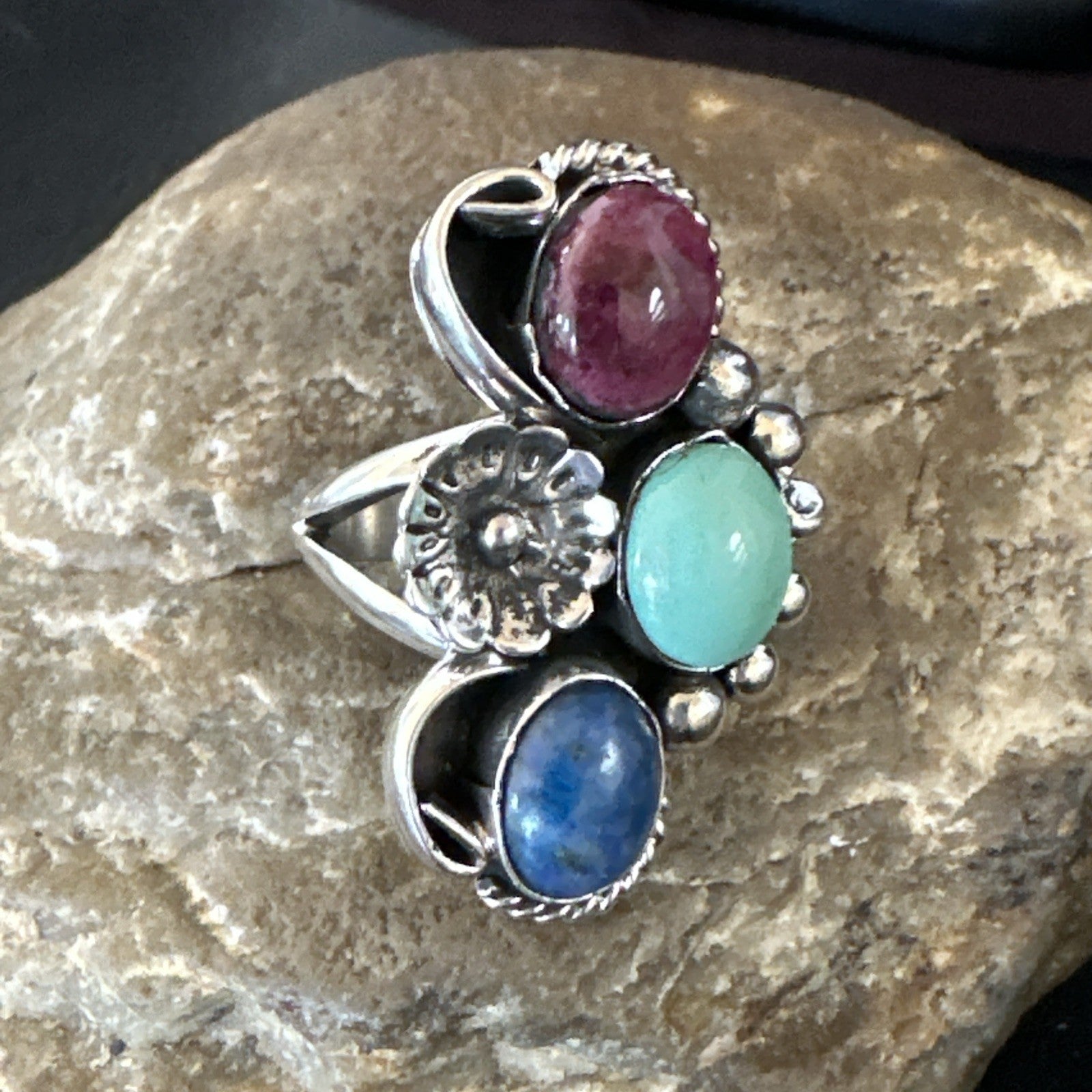 Multicolor Ring Turquoise Spiny Navajo Sterling Silver Cluster Size 8.5 19168