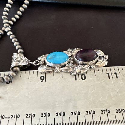 Blue Kingman Turquoise  Purple Stone Pendant Navajo Sterling Silver 18038