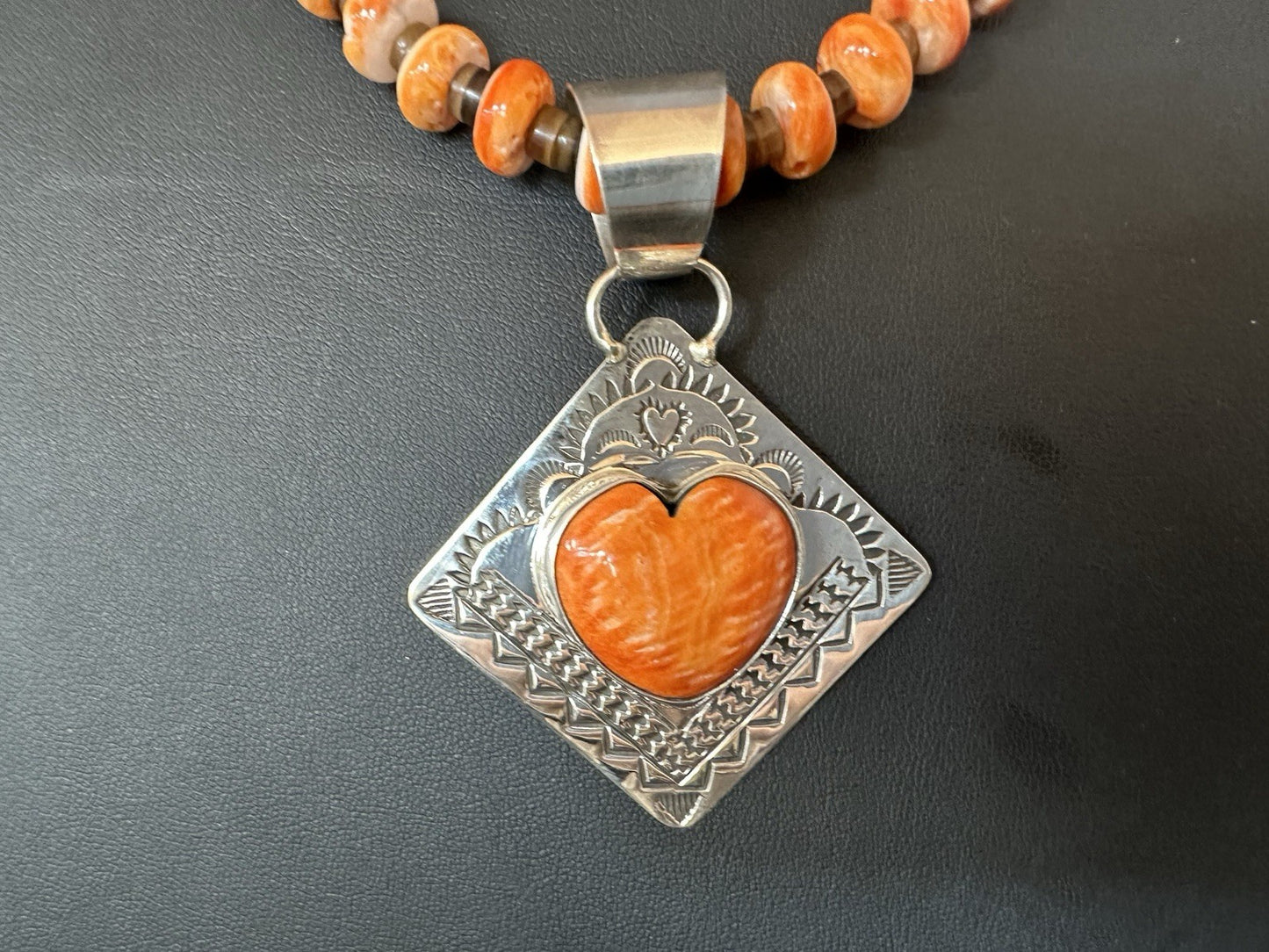 H Joe Orange Spiny Oyster Heart Pendant Navajo Sterling Silver Necklace 19480
