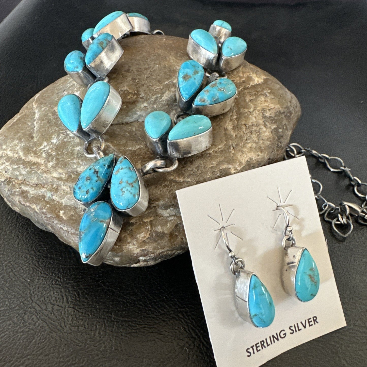Kingman Turquoise Navajo Sterling Silver Earrings & Lariat Necklace 19" 19278