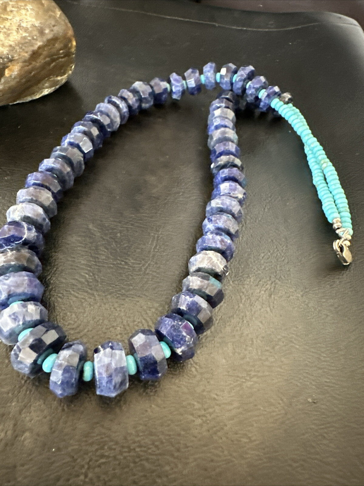 Mens Turquoise 12mm Faceted Lapis Bead Navajo Sterling Silver Necklace 21" 18277