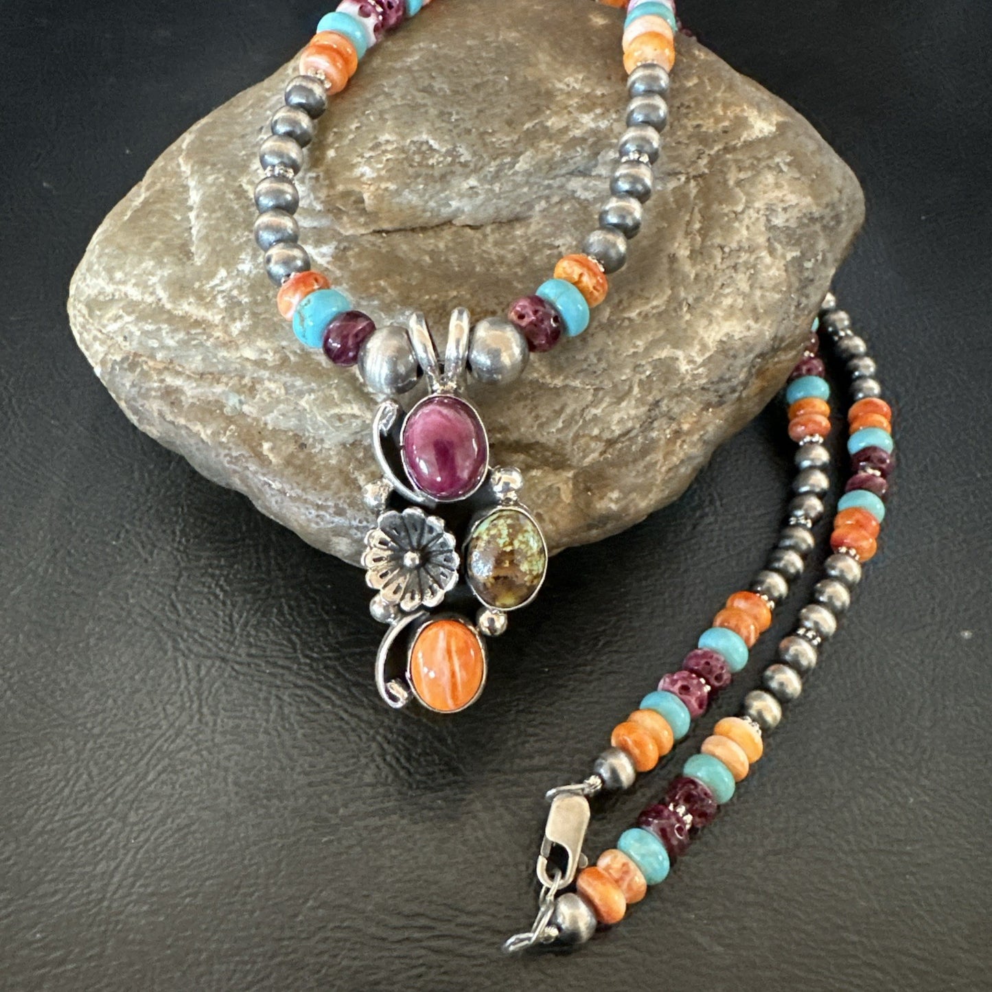 Multicolor Turquoise Spiny Navajo Sterling Silver Cluster Pendant Necklace 19640
