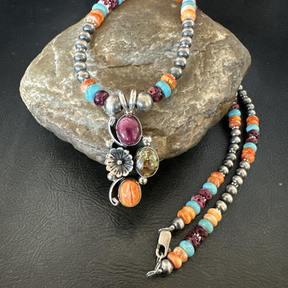 Multicolor Turquoise Spiny Navajo Sterling Silver Cluster Pendant Necklace 19640