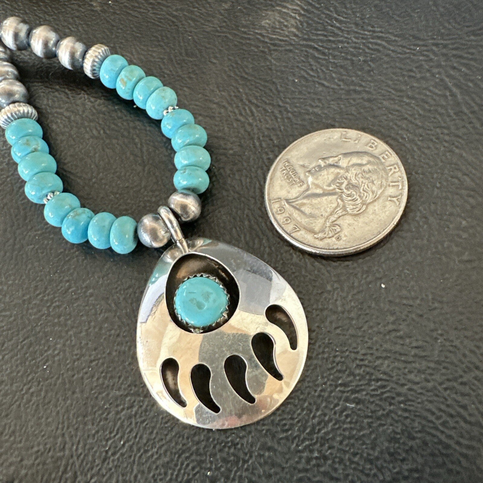 Mens Blue Turquoise BearPaw Pendant Navajo Pearls Sterling Silver Necklace 17880