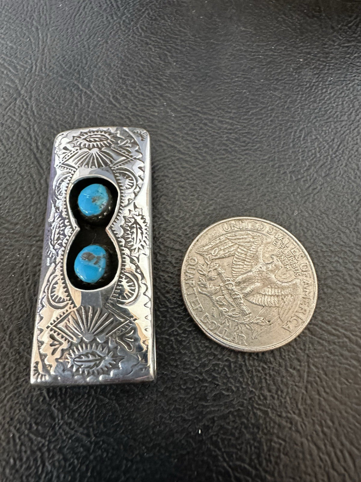 Mens Blue Turquoise Navajo Stainless Stamped Silver Money Clip 19367