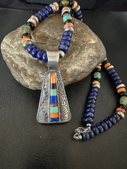 Multicolor Inlay Lapis Pendant Navajo Necklace 22" | Sterling Silver | Authentic Native American Handmade | 19467