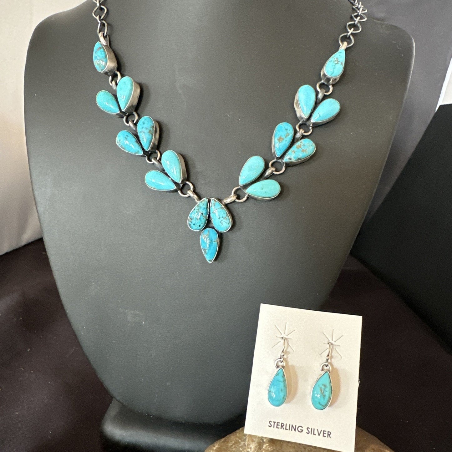 Kingman Turquoise Navajo Sterling Silver Earrings & Lariat Necklace 19" 19278