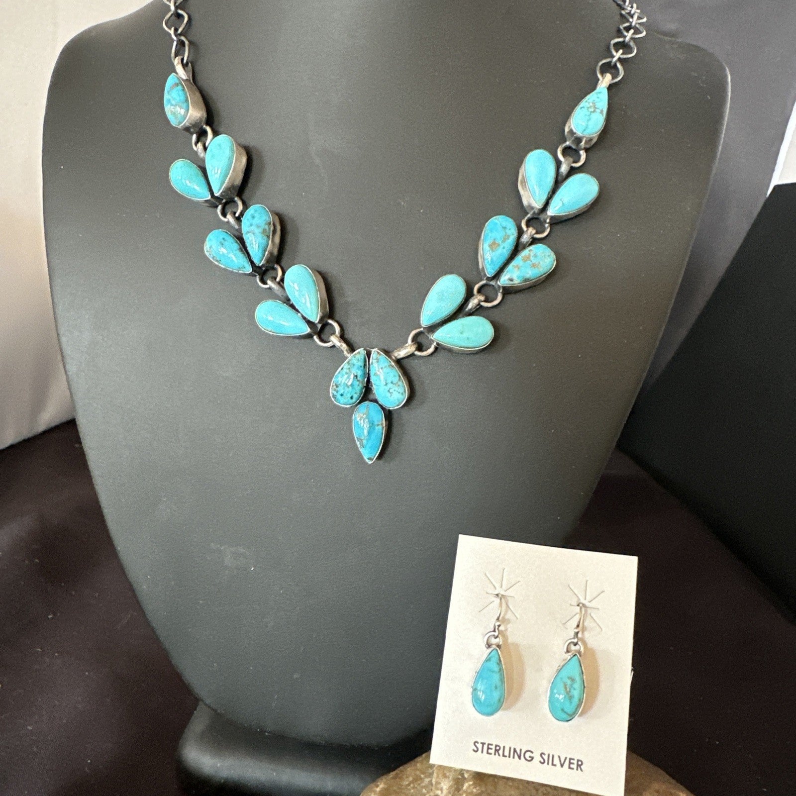 Kingman Turquoise Navajo Sterling Silver Earrings & Lariat Necklace 19" 19278