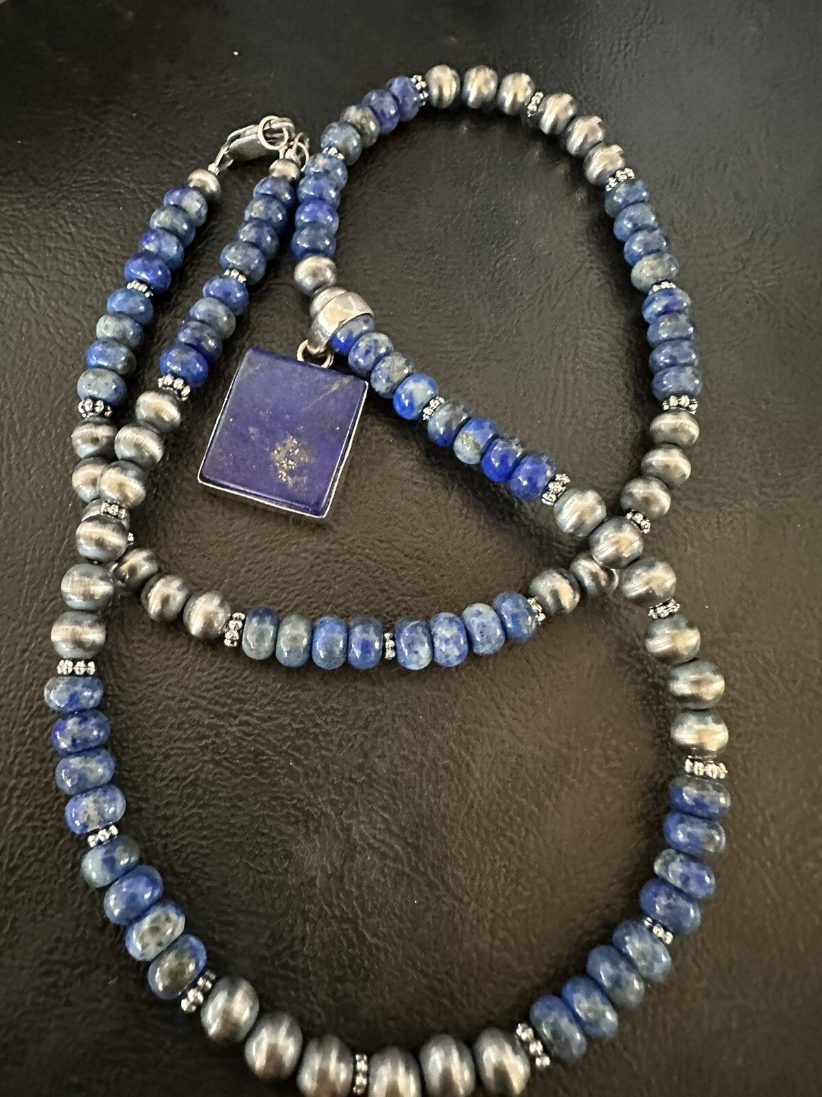 Mens Womens Blue Lapis Navajo Sterling Silver Cluster Pendant Necklace 21” 18341