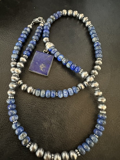 Mens Womens Blue Lapis Navajo Sterling Silver Cluster Pendant Necklace 21” 18341