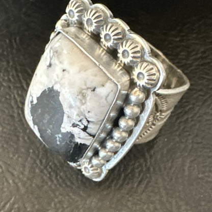 White Buffalo Turquoise Navajo Sterling Silver Ring Size 8 18775