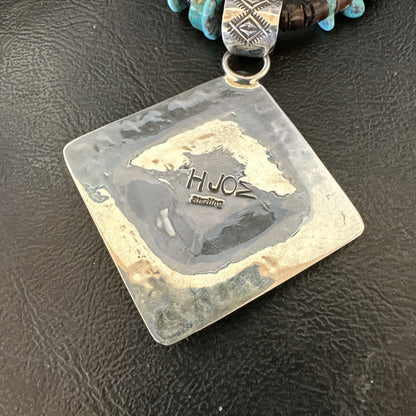 Navajo Blue Turquoise Stamped Pendant Shell Sterling Silver 28” Necklace 19705