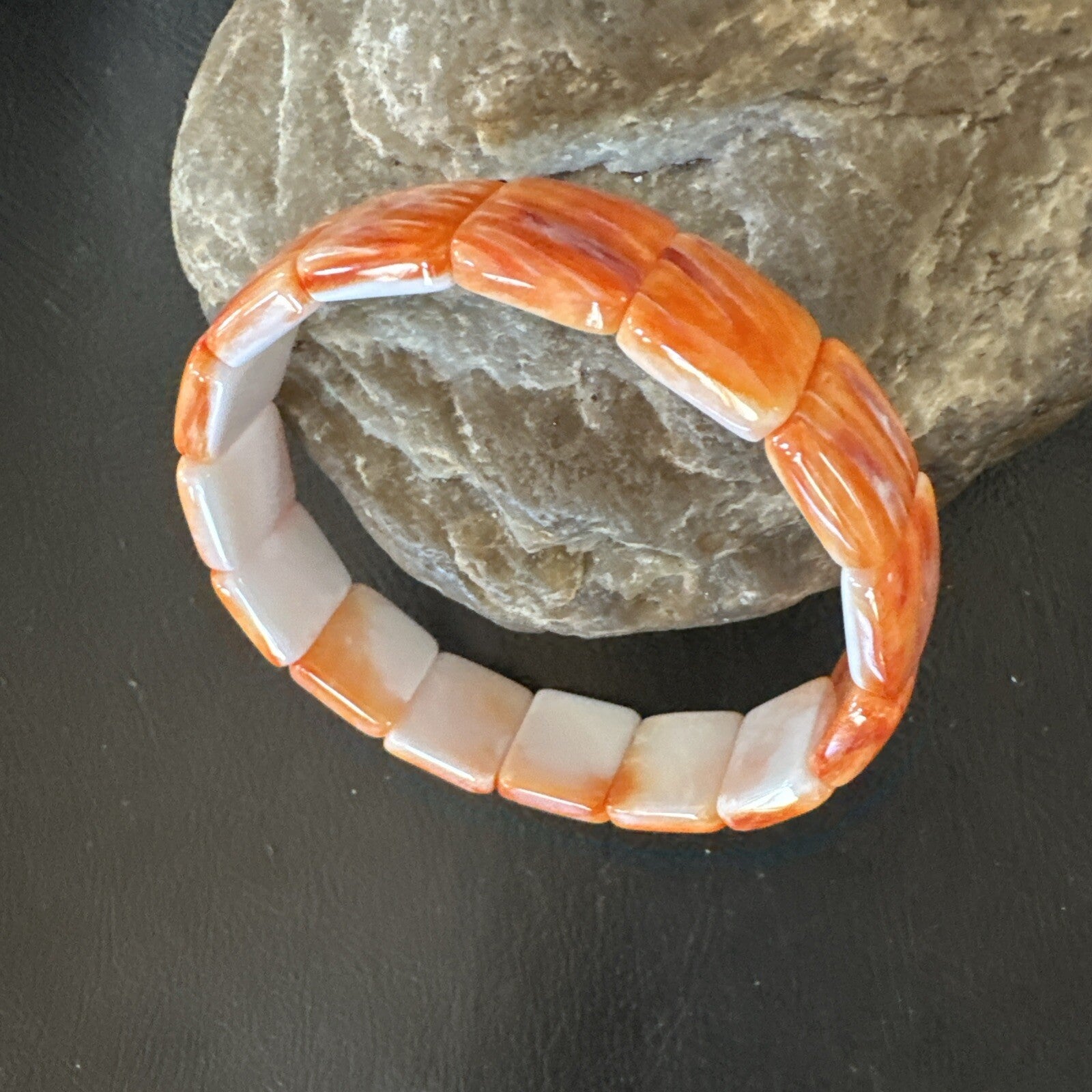 Mens Womens Orange Spiny Oyster Sterling Silver Stretch Bracelet 7" 18860