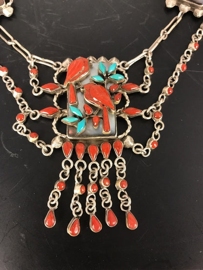 Turquoise & Coral Pendant Zuni Sterling Silver Museum Collectible Necklace 03029