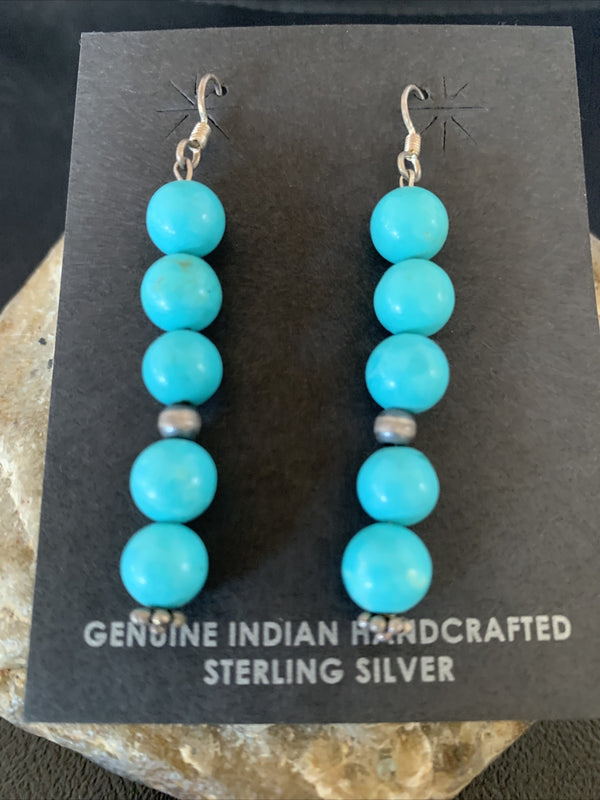 Blue Turquoise Earrings Bead 2" | Sterling Silver | Authentic Native American Handmade | 13046