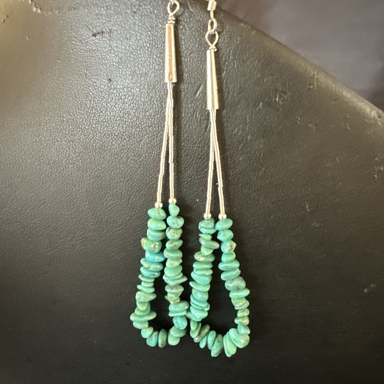 Long Blue Turquoise Nugget Bead Sterling Silver Beads Navajo Earrings 3” 18096