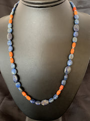 Men's Lapis Orange Spiny Oyster Navajo Pearls Necklace 20" | Sterling Silver | Authentic Native American Handmade | 01489