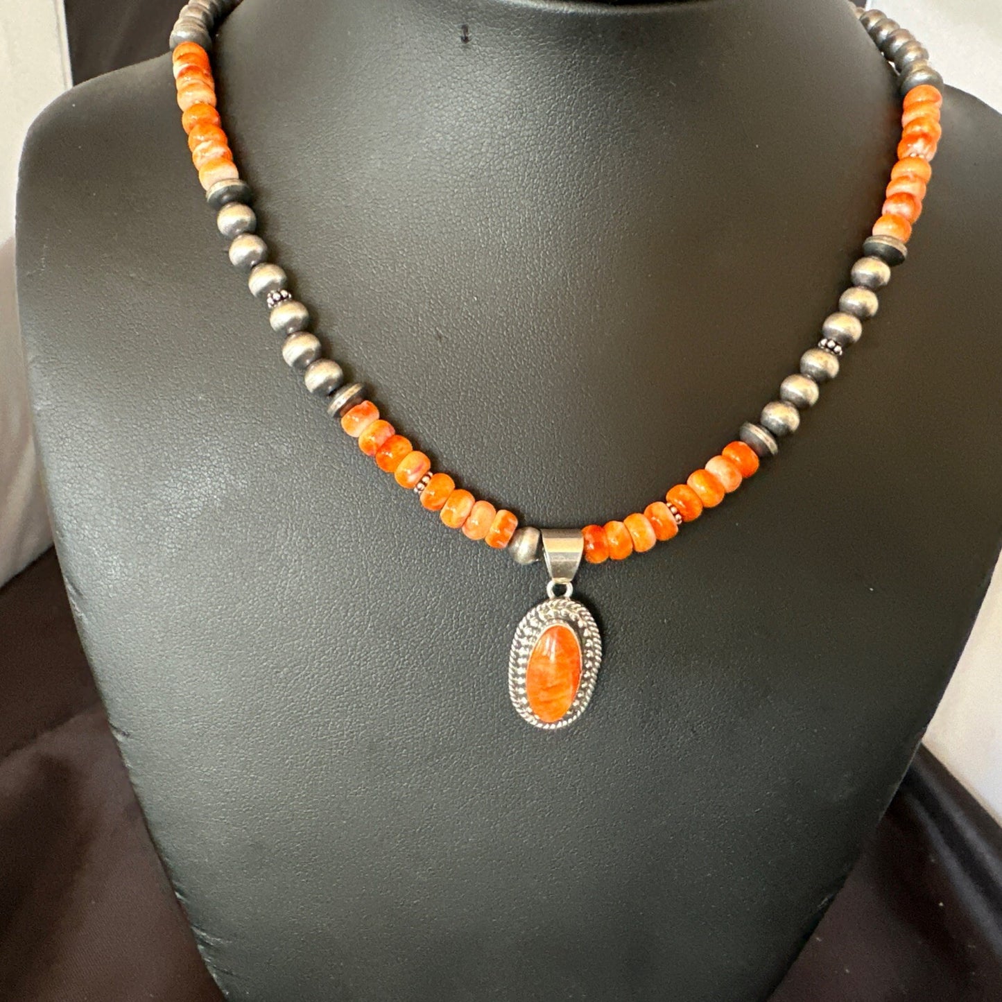 Orange Spiny Oyster Navajo Pearls Sterling Silver  Necklace Pendant 18679