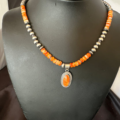 Orange Spiny Oyster Navajo Pearls Sterling Silver  Necklace Pendant 18679