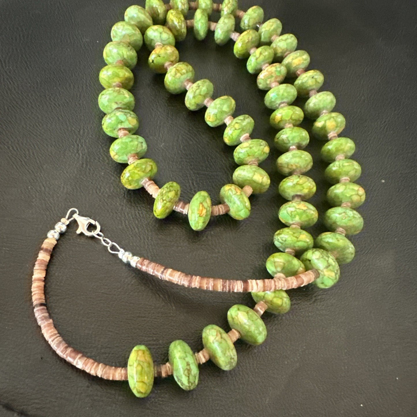 Green Mohave Turquoise Shell Santo Domingo Sterling Silver Necklace 32”19661